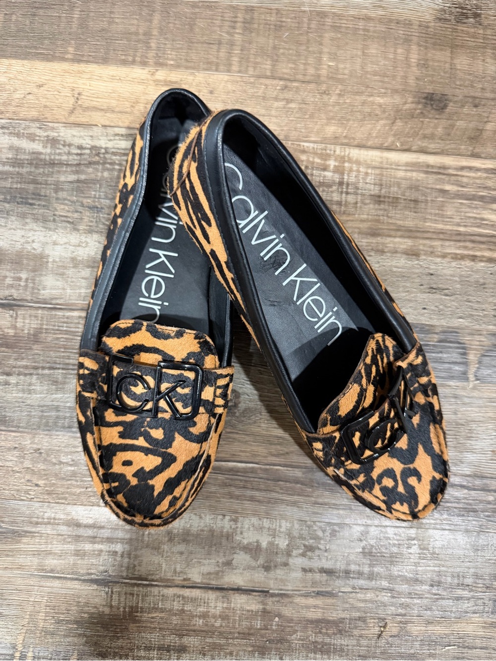 Calvin Klein Leopard Print Loafers in Tan and Black with CK Logo